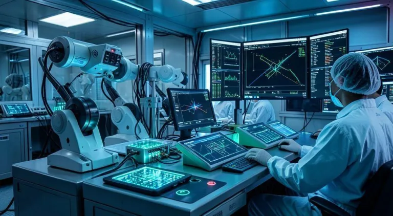 A futuristic semiconductor testing laboratory with advanced robotic equipment, glowing circuit boards, and technicians in cleanroom suits monitoring high-tech displays showing chip performance data, cinematic lighting