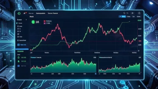 A futuristic stock market dashboard displaying upward trends for AI, semiconductors, defense, and financial sectors in 2026, with a background of glowing circuit boards and powerful energy infrastructure.