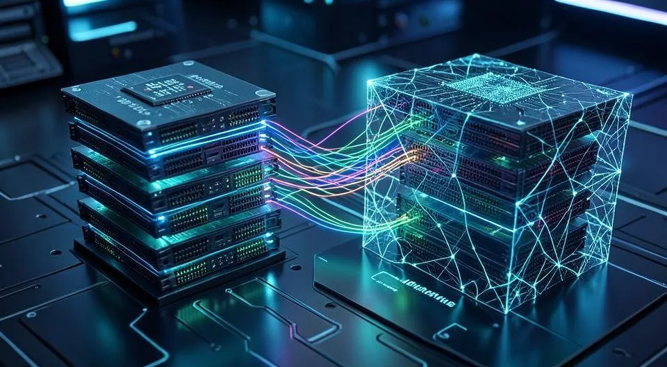 A futuristic visualization showing HBM memory stacks integrated with AI neural networks, with data flowing between memory and processors, representing the transformation of memory in the AI era