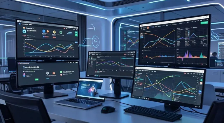 A futuristic workspace showing Google AI tools like Notebook RM and AI Studio on multiple screens, with visual data flows and automation processes, representing the modern AI ecosystem.