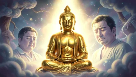 A gilded bronze Bodhisattva statue glowing with a soft light, surrounded by ethereal dream imagery of a Japanese man looking distraught in his sleep, symbolizing its miraculous return.