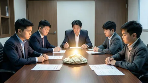 A group of siblings, looking stressed and serious, sitting around a conference table that resembles a courtroom, with legal documents scattered. A subtle glow emanates from a pile of money or a house deed in the center. Modern, realistic, Korean setting.