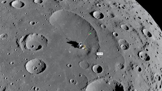 A high-resolution orbital view of the Moon's surface showing the Apollo 11 landing site, with a tiny lunar lander module and laser reflectors clearly visible amidst craters, observed by a satellite.