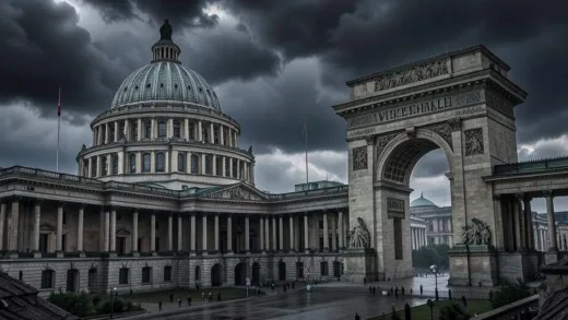 A highly detailed, dramatic architectural rendering of a massive, neoclassical city with an enormous domed building (Volkshalle) and a colossal triumphal arch, under a stormy sky, embodying a totalitarian regime's vision, reminiscent of Albert Speer's designs for Germania.