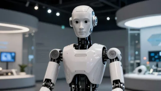 A highly detailed humanoid robot with expressive facial features sitting in a modern science museum setting, making eye contact with the viewer, with soft lighting highlighting its mechanical yet human-like design.