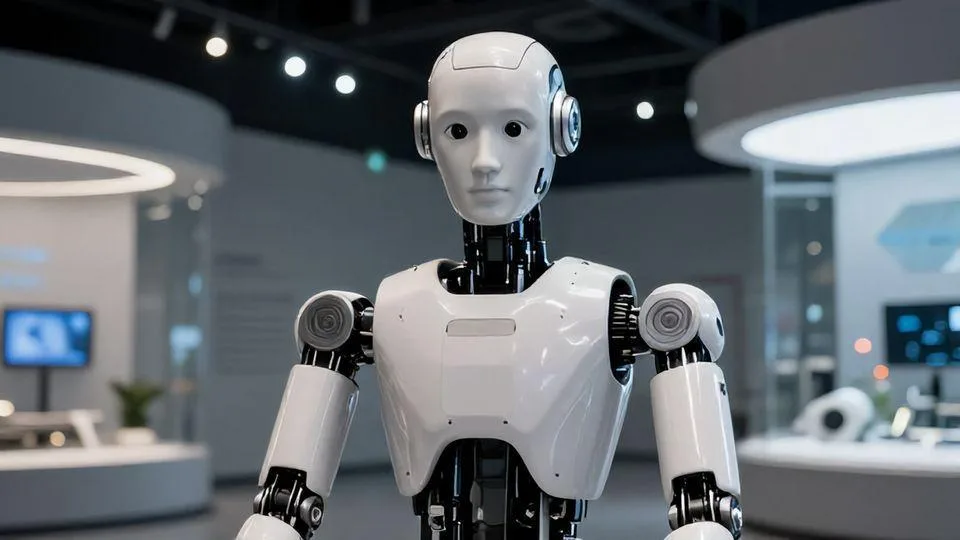 A highly detailed humanoid robot with expressive facial features sitting in a modern science museum setting, making eye contact with the viewer, with soft lighting highlighting its mechanical yet human-like design.