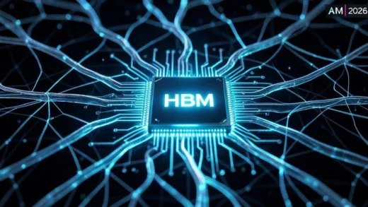 A highly detailed image of a glowing, futuristic HBM chip at the center of a complex neural network, representing its role as the brain of AI in 2026.