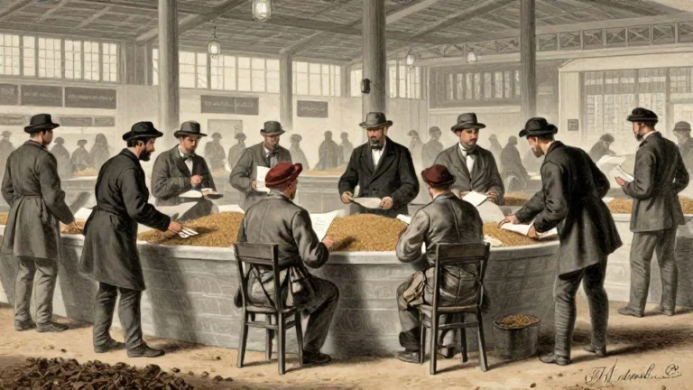 A historical illustration of a 19th century grain market in Chicago with farmers and merchants trading futures contracts.
