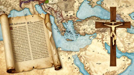 A historical illustration showing Jewish and Christian religious symbols intertwined, with ancient scrolls of the Old Testament and a map of the Middle East in the background, representing shared roots and historical connections between the two faiths.