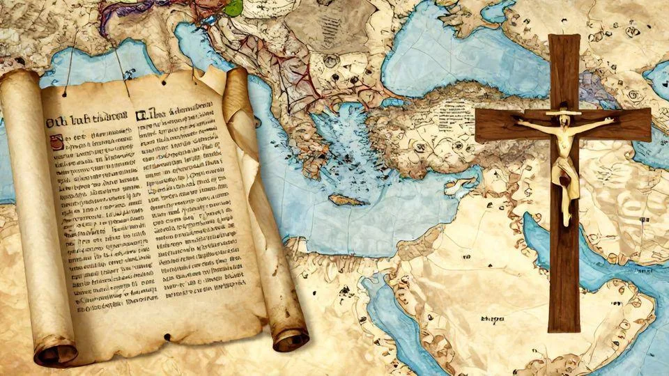 A historical illustration showing Jewish and Christian religious symbols intertwined, with ancient scrolls of the Old Testament and a map of the Middle East in the background, representing shared roots and historical connections between the two faiths.