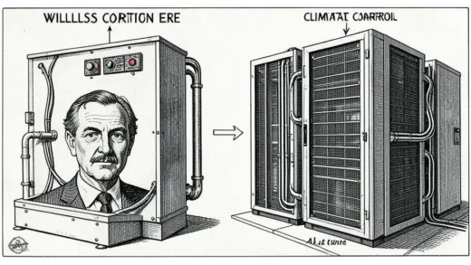 A historical illustration showing Willis Carrier's early air conditioning system next to a modern AI data center with liquid cooling pipes, representing the evolution of climate control technology from industrial printing to high-tech computing.