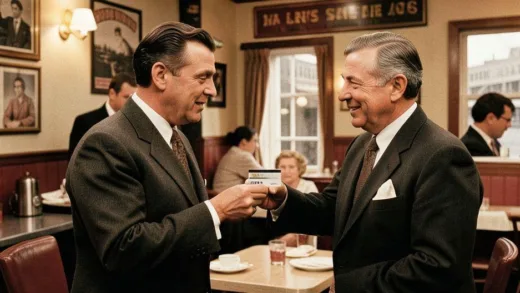 A historical scene in a 1950s New York restaurant showing a well-dressed businessman presenting a paper credit card to a restaurant owner, vintage atmosphere with warm lighting, classic American diner setting