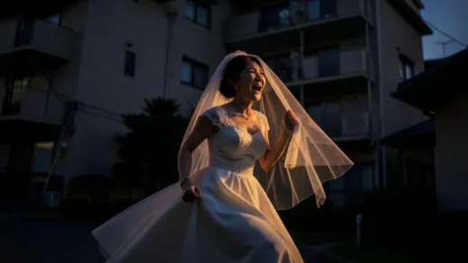A Japanese woman in a wedding dress running breathlessly towards an apartment building at dusk, holding her veil, dramatic lighting, cinematic style, emotional expression