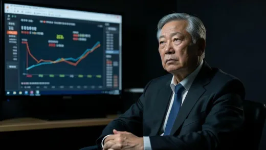 A Korean businessman in his 50s sitting in a dimly lit studio, looking serious and contemplative, with a large monitor showing financial charts and bankruptcy documents in the background, photorealistic style