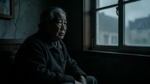 A Korean elderly person sitting alone in a dark room, looking out a window with sad eyes, representing hidden abuse statistics and social isolation. The atmosphere should be gloomy and melancholic.