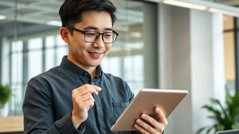 A Korean small business owner looking at a tablet with financial support information, showing hopeful expression in a modern office setting, digital interface showing 70 million won support program