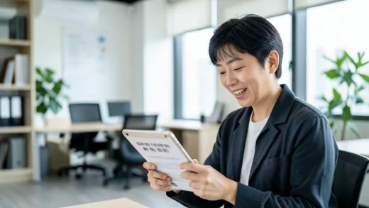 A Korean small business owner looking at government support documents on a tablet, with hopeful expression, modern office background