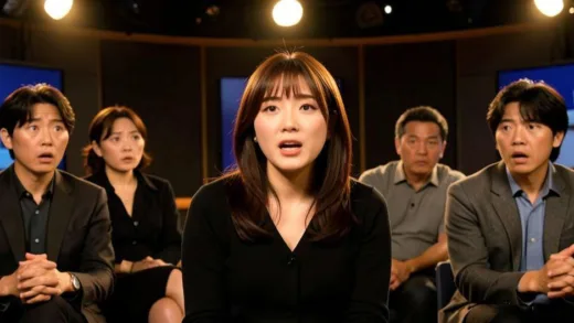 A Korean TV studio scene with a female celebrity speaking emotionally, other cast members looking shocked, warm studio lighting, broadcast-style setting with dramatic atmosphere