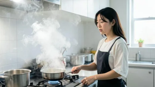 A Korean woman cooking in a kitchen filled with subtle, shimmering smoke, looking concerned. The kitchen is clean and modern. The smoke represents cooking fumes.