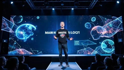 A large stage with Mark Zuckerberg presenting, surrounded by holographic, futuristic virtual world elements, implying a grand vision for the metaverse in 2021.