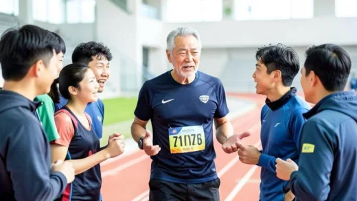 A legendary Korean marathon runner, looking wise and fit, explaining running techniques to a group of enthusiastic people in a bright, modern setting, with a subtle hint of a track in the background.