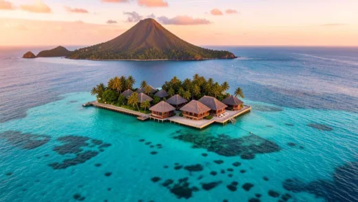 A luxurious overwater bungalow resort in Bora Bora with crystal clear turquoise water, a distant volcanic peak, and a subtle hint of the island slowly sinking into the ocean, seen from a drone perspective during sunset.