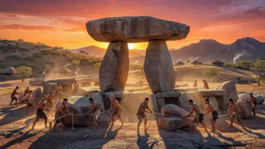 A majestic dolmen in Ganghwa Island during sunset, showing the massive stone structure against a historical Korean landscape, ancient people working together to move stones, detailed archaeological features visible, realistic historical reconstruction, dramatic lighting