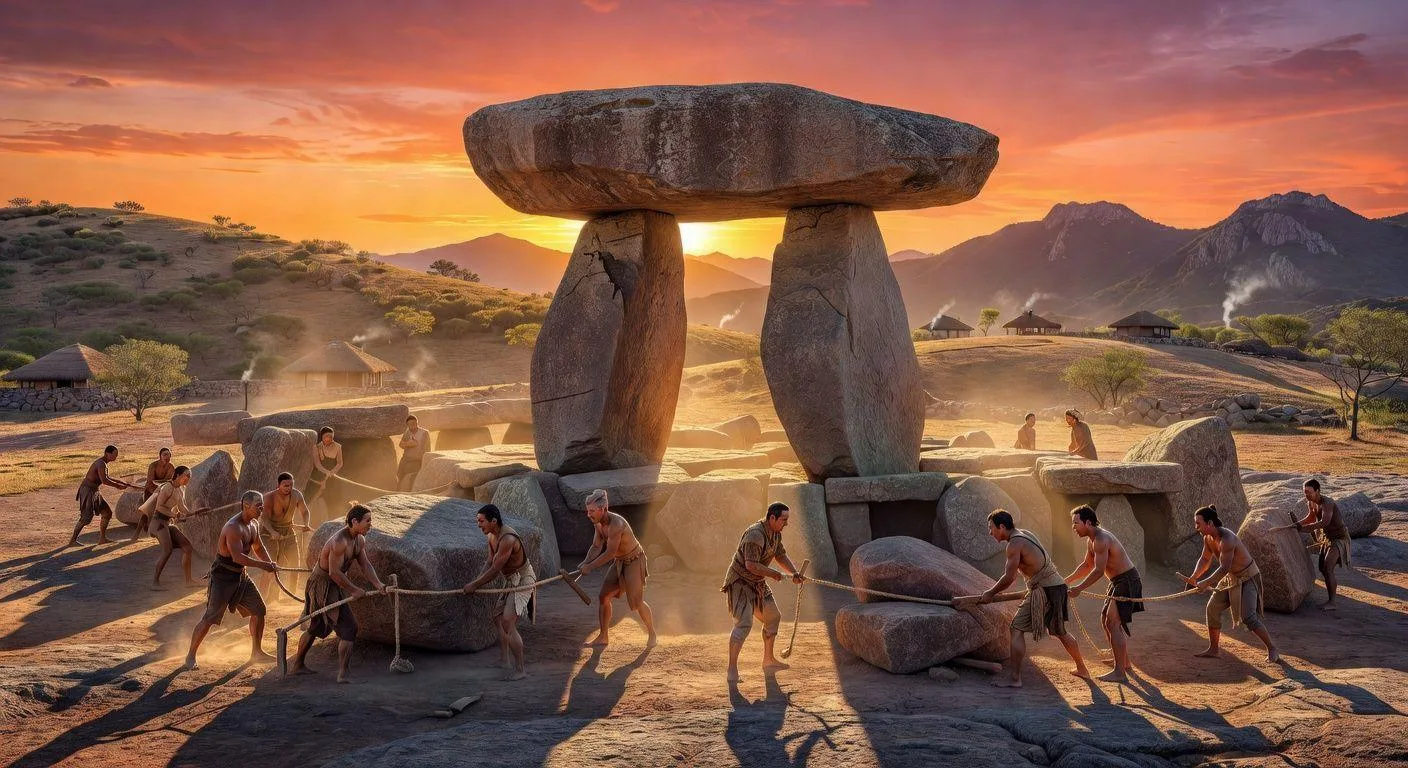 A majestic dolmen in Ganghwa Island during sunset, showing the massive stone structure against a historical Korean landscape, ancient people working together to move stones, detailed archaeological features visible, realistic historical reconstruction, dramatic lighting
