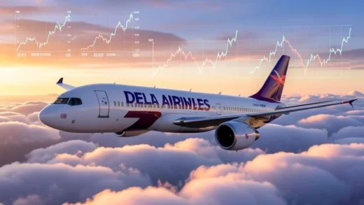 A majestic, modern Delta Airlines plane flying high above pristine clouds at sunrise, with subtle digital financial charts overlaid in the sky, symbolizing robust profitability and a unique business model.