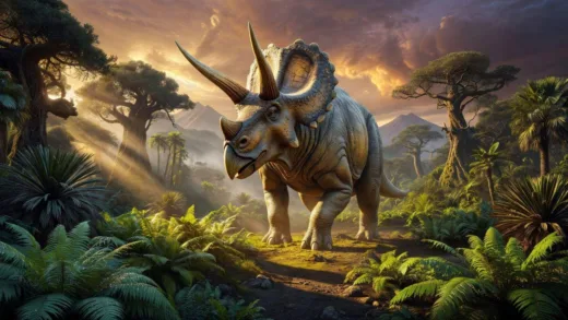 A majestic Triceratops standing in a prehistoric landscape with dramatic lighting, showing its three horns and large frill, surrounded by ferns and cycads, digital art style