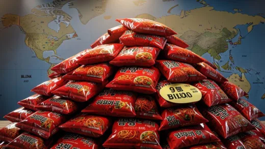 A massive pile of red spicy Korean fire noodle packages stacked like a mountain, with a 9 billion count label, global map background showing countries where Buldak is sold, cinematic lighting, hyper-realistic 3D render style