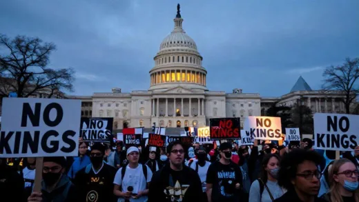 A massive protest crowd in Washington D.C. holding signs with 'NO KINGS' text, with the U.S. Capitol building in the background, diverse crowd of protesters, dramatic lighting, photorealistic style, evening scene with protest signs illuminated.