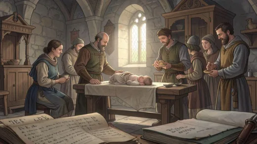 A medieval village scene, a newborn baby being baptized in a church, a father sharing bread with neighbors, a tax collector's ledger in the foreground, soft lighting.