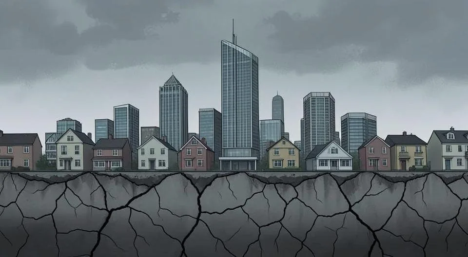 A metaphorical illustration of a modern developed country skyline that appears perfectly normal on the surface, but with faint cracks slowly spreading through the foundations and middle-class homes, symbolizing quiet decline. The scene should have a serene yet ominous atmosphere with subtle visual cues of strain.