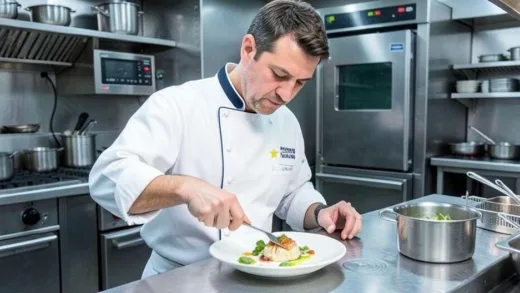 A Michelin-star chef preparing a delicate dish in a high-tech kitchen, symbolizing precision and expertise in vaccine development