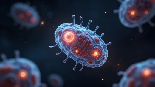 A microscopic view of alien microorganisms called Astrophage floating in space near a star, with glowing energy particles and unique cell wall structures visible under scientific magnification, sci-fi style, digital illustration