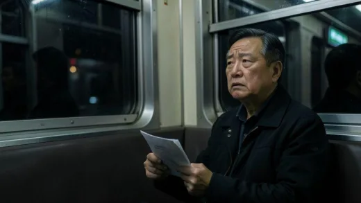 A middle-aged Korean man in his 50s sitting alone on a subway train at night, looking out the window with a worried expression, holding a document envelope, dim lighting, realistic emotional style