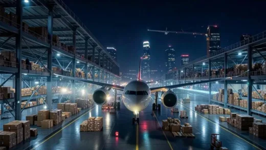 A modern cargo plane taking off from Hong Kong at night, with a faint glow of countless packages moving through a vast, futuristic logistics warehouse. The image should convey global connectivity and the invisible flow of goods.
