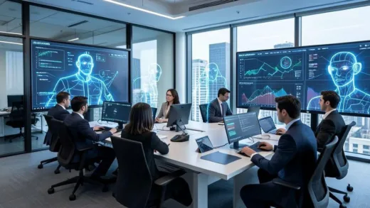 A modern corporate office with human workers collaborating with glowing AI agent avatars on digital screens, showing workflow integration and data visualization in a futuristic setting, professional business environment
