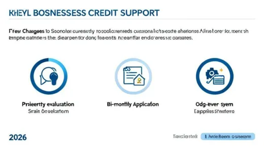 A modern infographic showing the key changes to small business credit support policy in 2026, with icons representing priority evaluation, bi-monthly application, and odd-even system, professional business style