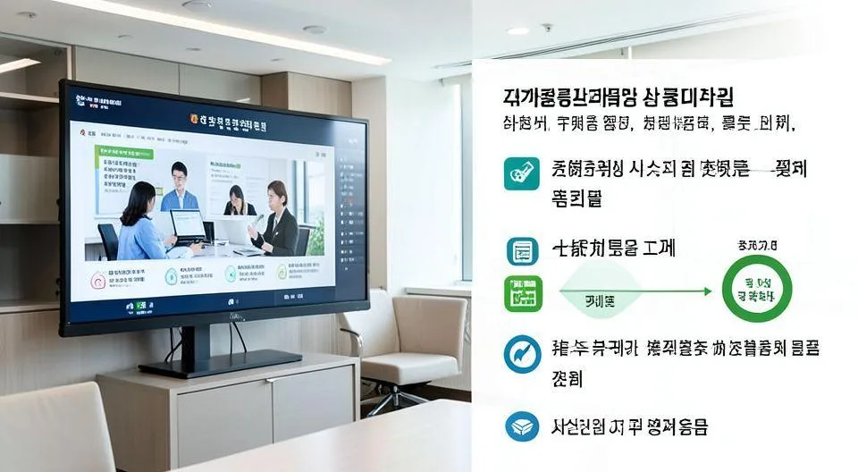 A modern Korean government office with digital technology displays showing small business owners receiving financial support, with infographics explaining innovation growth promotion funds