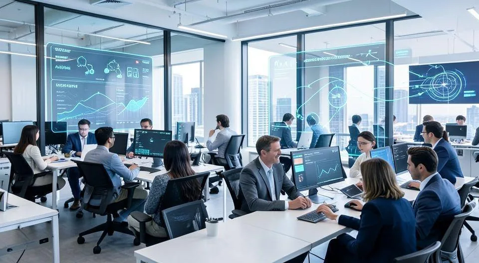 A modern office environment where diverse professionals collaborate using AI technology, with holographic displays showing teamwork metrics and communication flows, bright and futuristic atmosphere