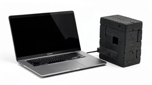 A modern, sleek laptop next to an old, large, black brick-like laptop charger, highlighting the size contrast.