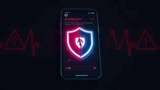 A modern smartphone showing an AI chatbot interface with a shield icon cracked in half, symbolizing false security, dark background with red warning elements