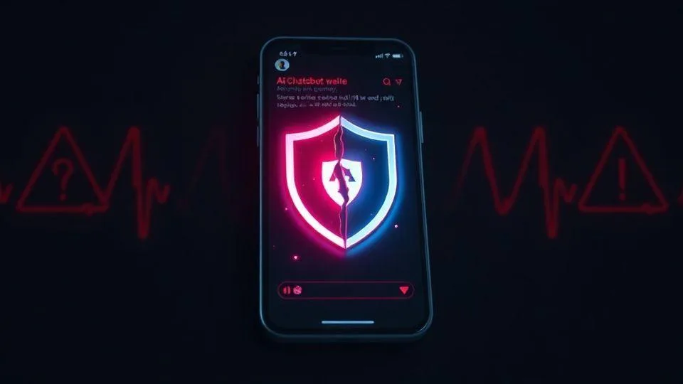 A modern smartphone showing an AI chatbot interface with a shield icon cracked in half, symbolizing false security, dark background with red warning elements