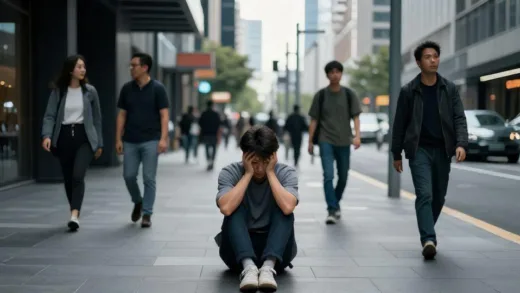 A modern urban street scene where a person is in distress while others pass by indifferently, showing the contrast between need and indifference in 2026 society, cinematic lighting, realistic detail