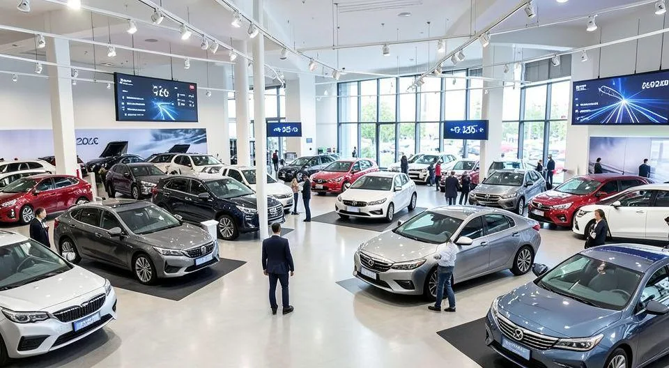 A modern used car market in 2026 showing diverse vehicles from economy to premium models, with customers examining cars under bright showroom lights, digital price displays, and salespeople assisting buyers.