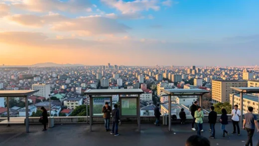 A panoramic view of a vast, sprawling Gyeonggi-do cityscape during peak hour, with a few empty bus stops and people looking frustrated. The sky is a mix of orange and blue.