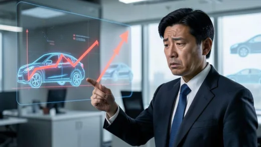 A perplexed Japanese business executive in a suit, looking at a sharp downward red graph on a holographic screen, with subtle electric vehicle silhouettes in the background, a sense of crisis and uncertainty, modern office setting, professional photography.