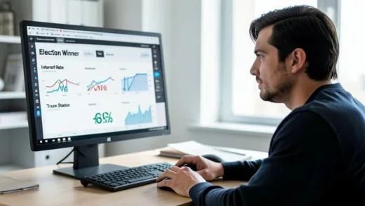 A person at a desk looking at a computer screen with various charts and graphs, representing a prediction market. The person has a thoughtful expression. The screen displays "Election Winner," "Interest Rate," and "Truce Status" with numerical probabilities. The setting is modern and professional, not a typical gambling environment.